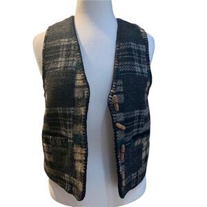 Vintage ATLAST & Co Black & Gray Wool Plaid Vest Size Large